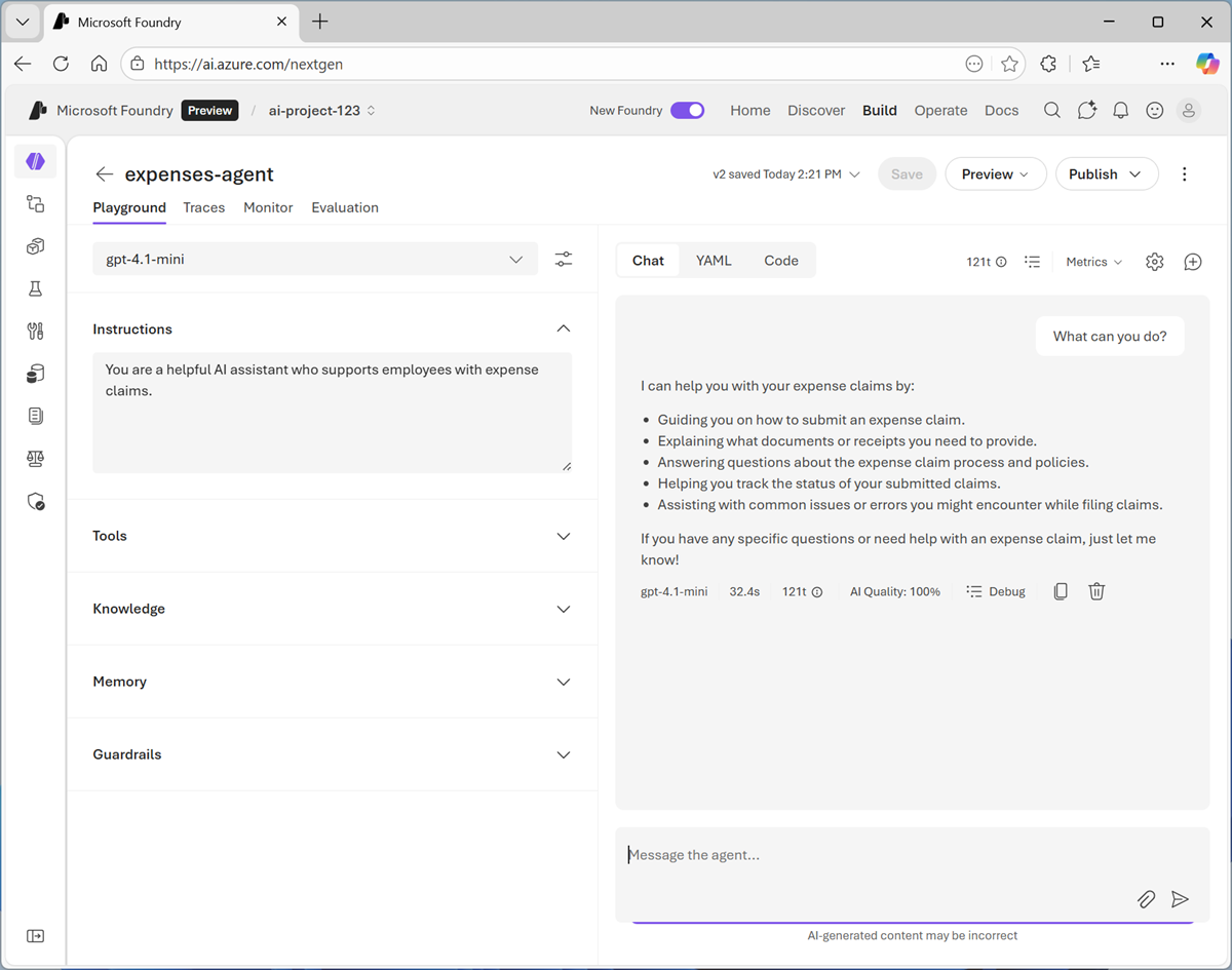 Screenshot of the agent's response describing its capabilities.