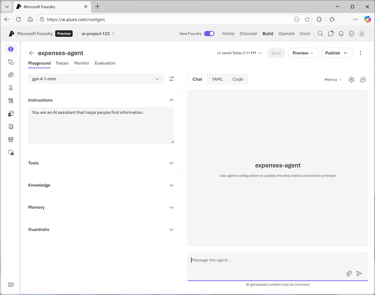 Screenshot of the agent playground.