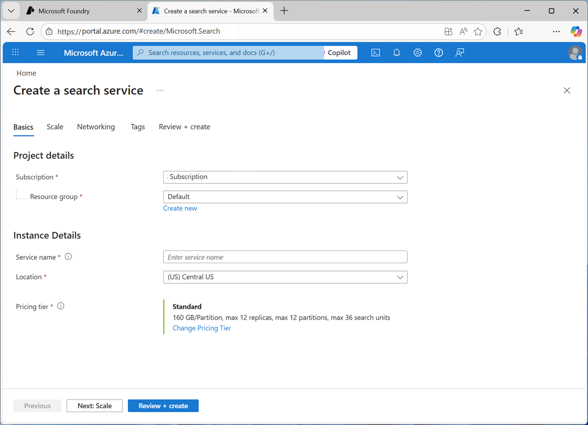 Screenshot of the Azure portal AI Search page.