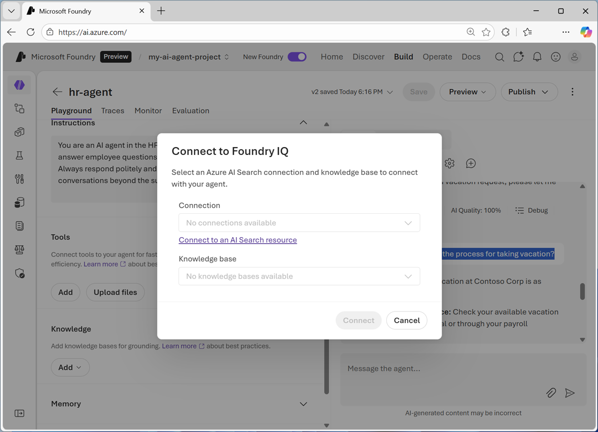 Screenshot of Connect to Foundry IQ dialog.