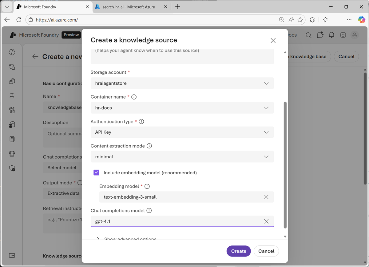Screenshot of the create knowledge source page.