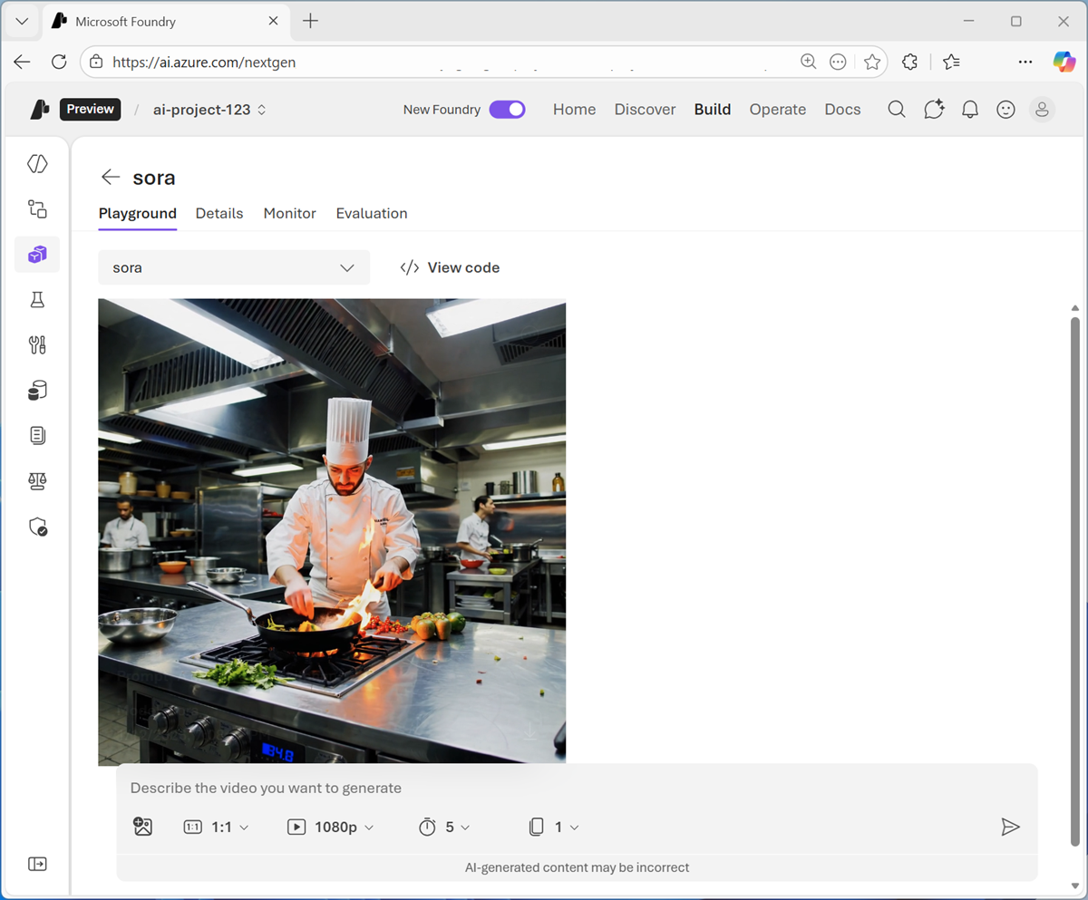 Screenshot of the video playground with a generated video.