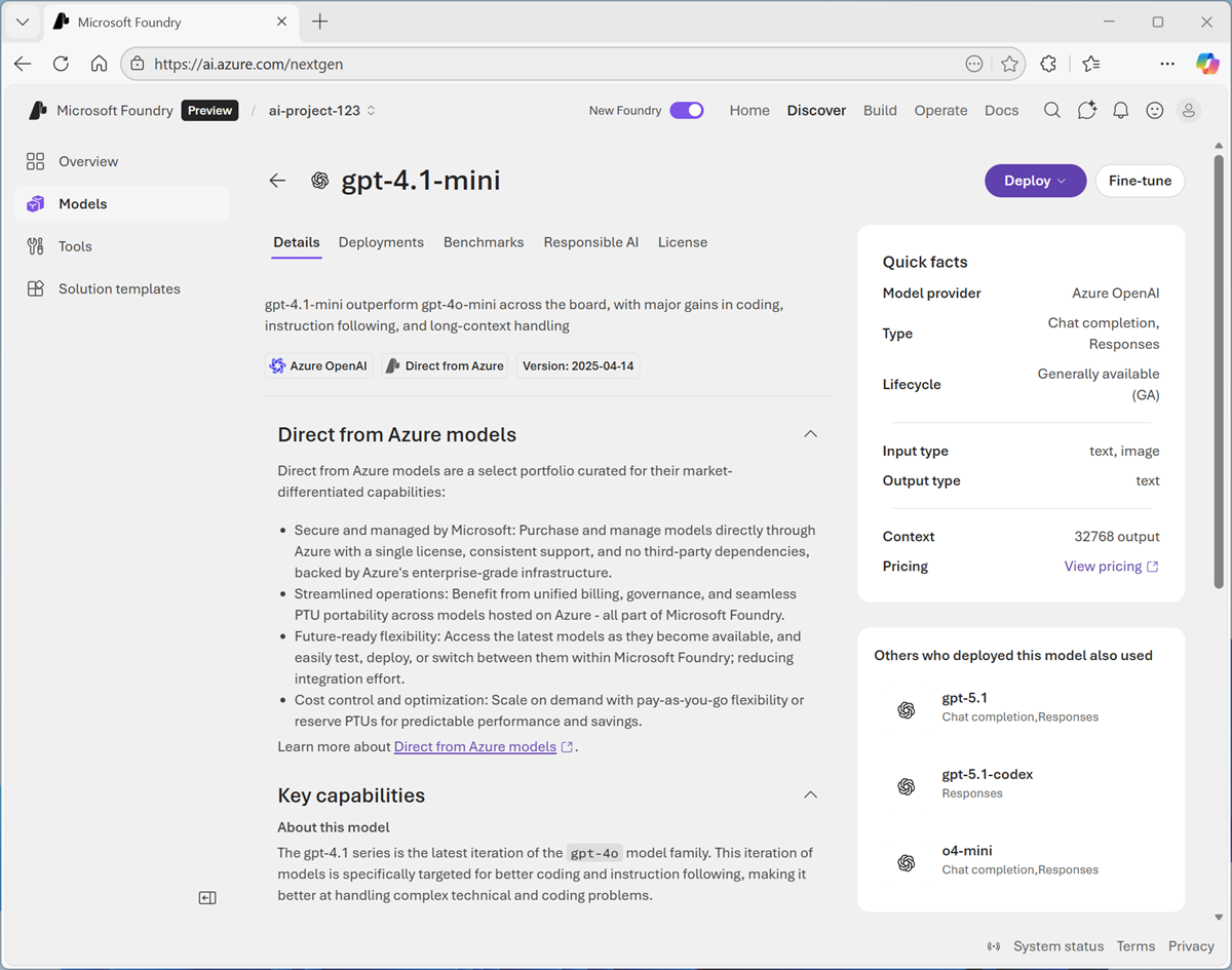 Screenshot of the gpt-4.1-mini model page.