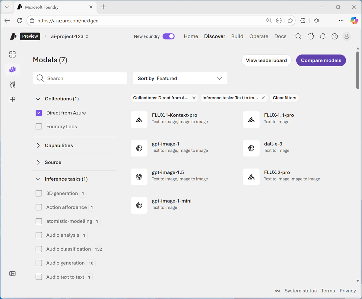 Screenshot of image-generation models in the model catalog.