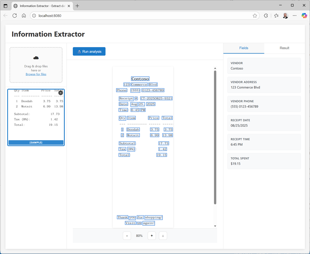 Screenshot of the Information Extractor app with an analyzed image.