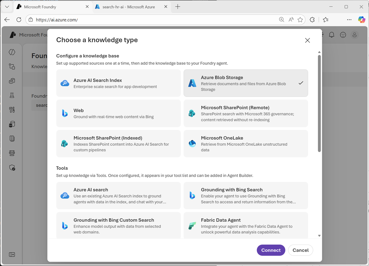 Screenshot of knowledge bases types.