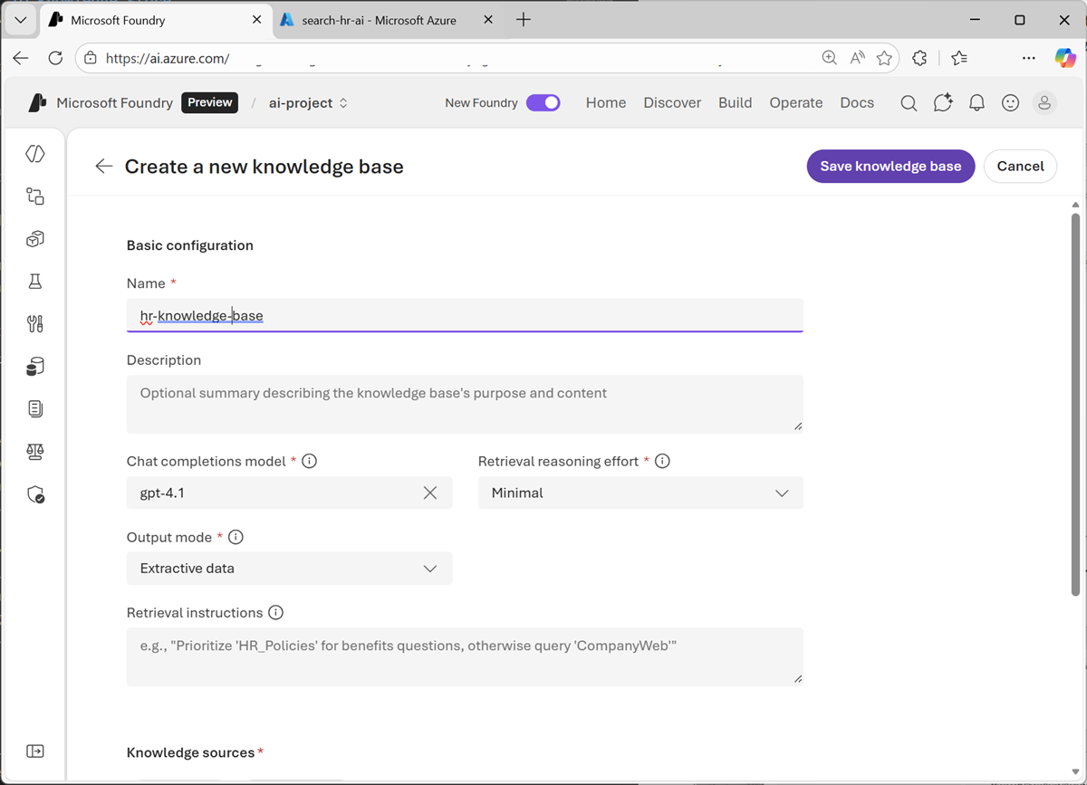 Screenshot of the create knowledge source page.