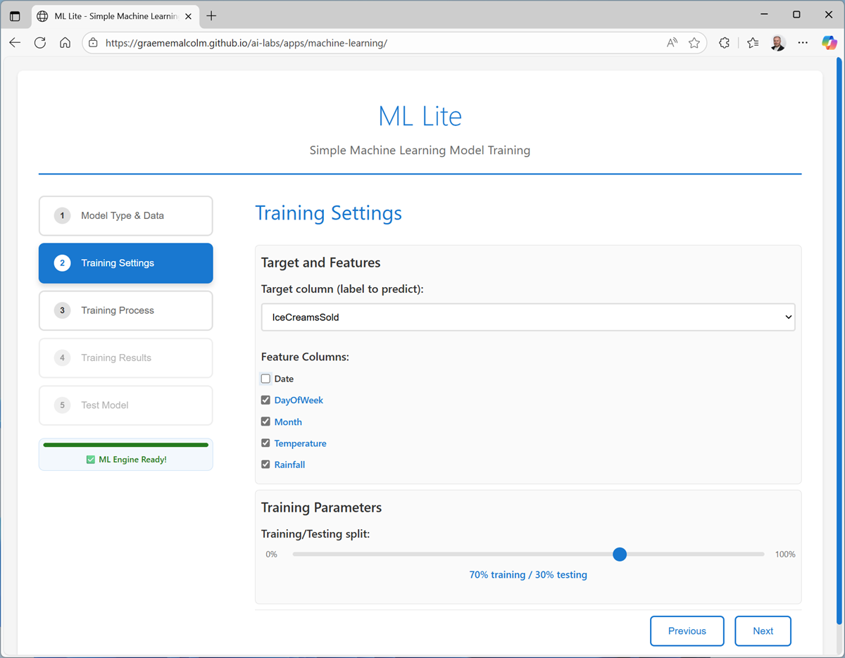 Screenshot of the Training Settings page.