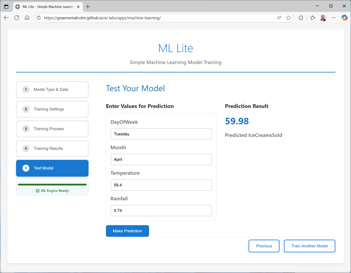 Screenshot of the Test Model page.