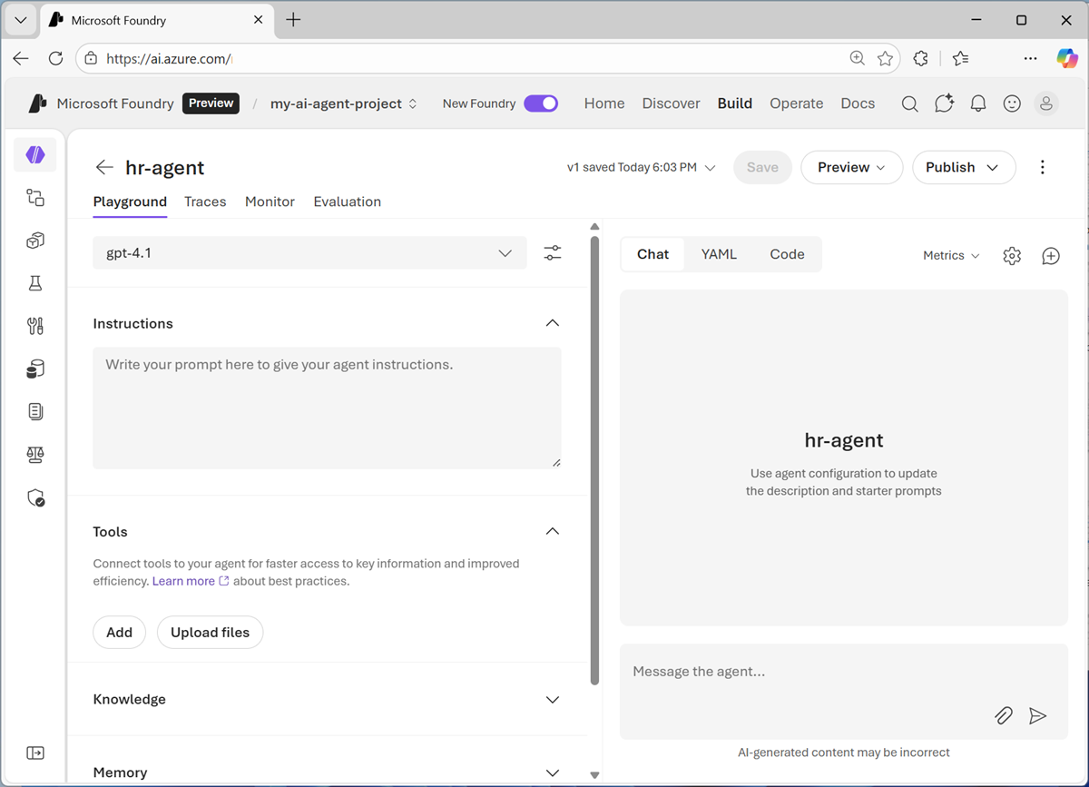 Screenshot of the agent playground.