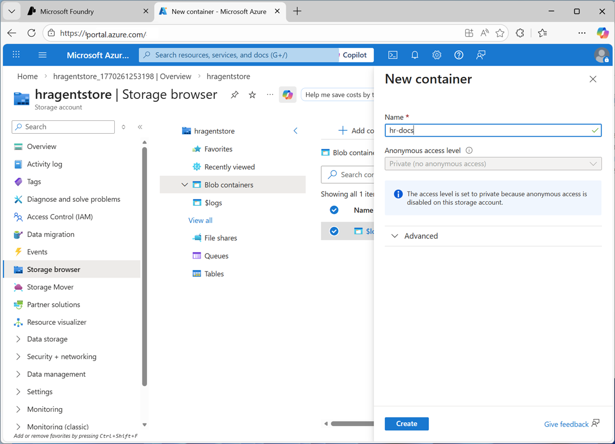 Screenshot of the New container page.