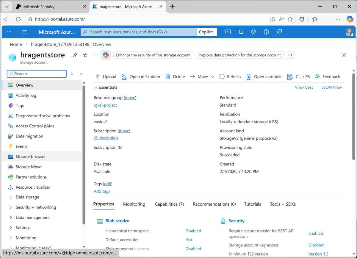 Screenshot of the storage account page.