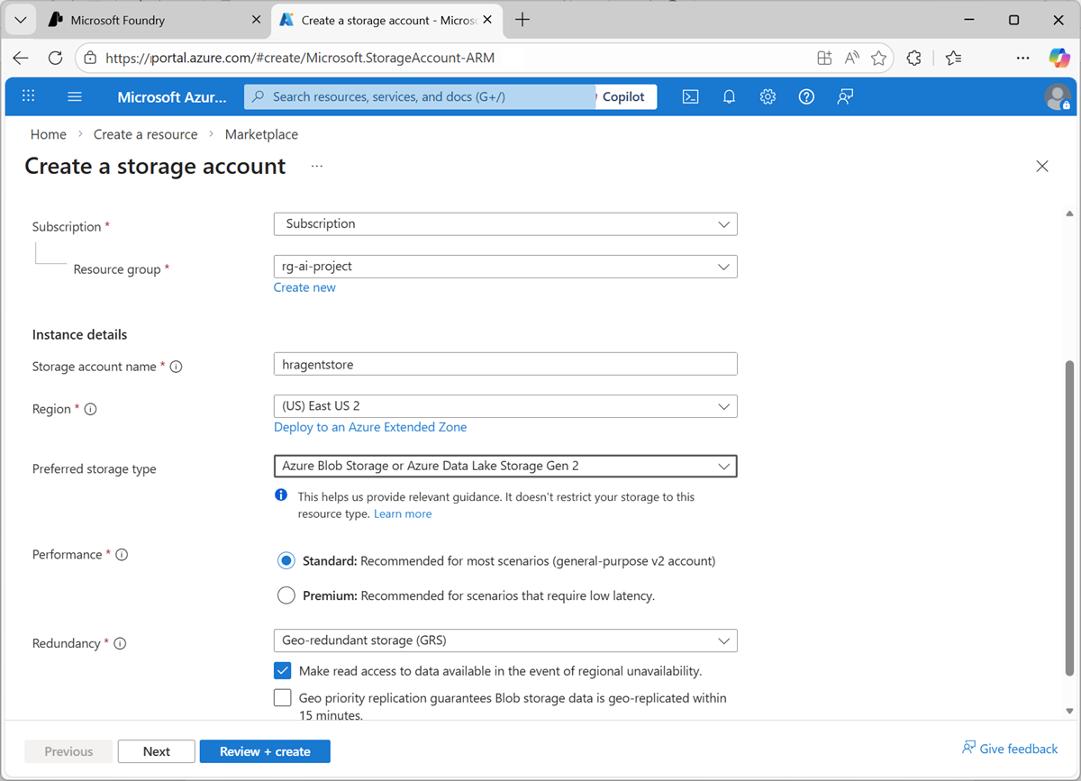 Screenshot of the Create storage account page.