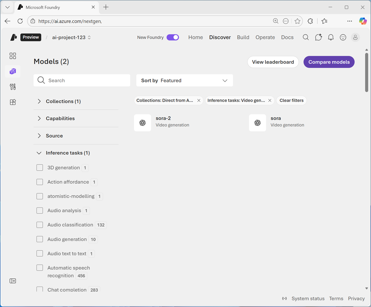 Screenshot of video-generation models in the model catalog.