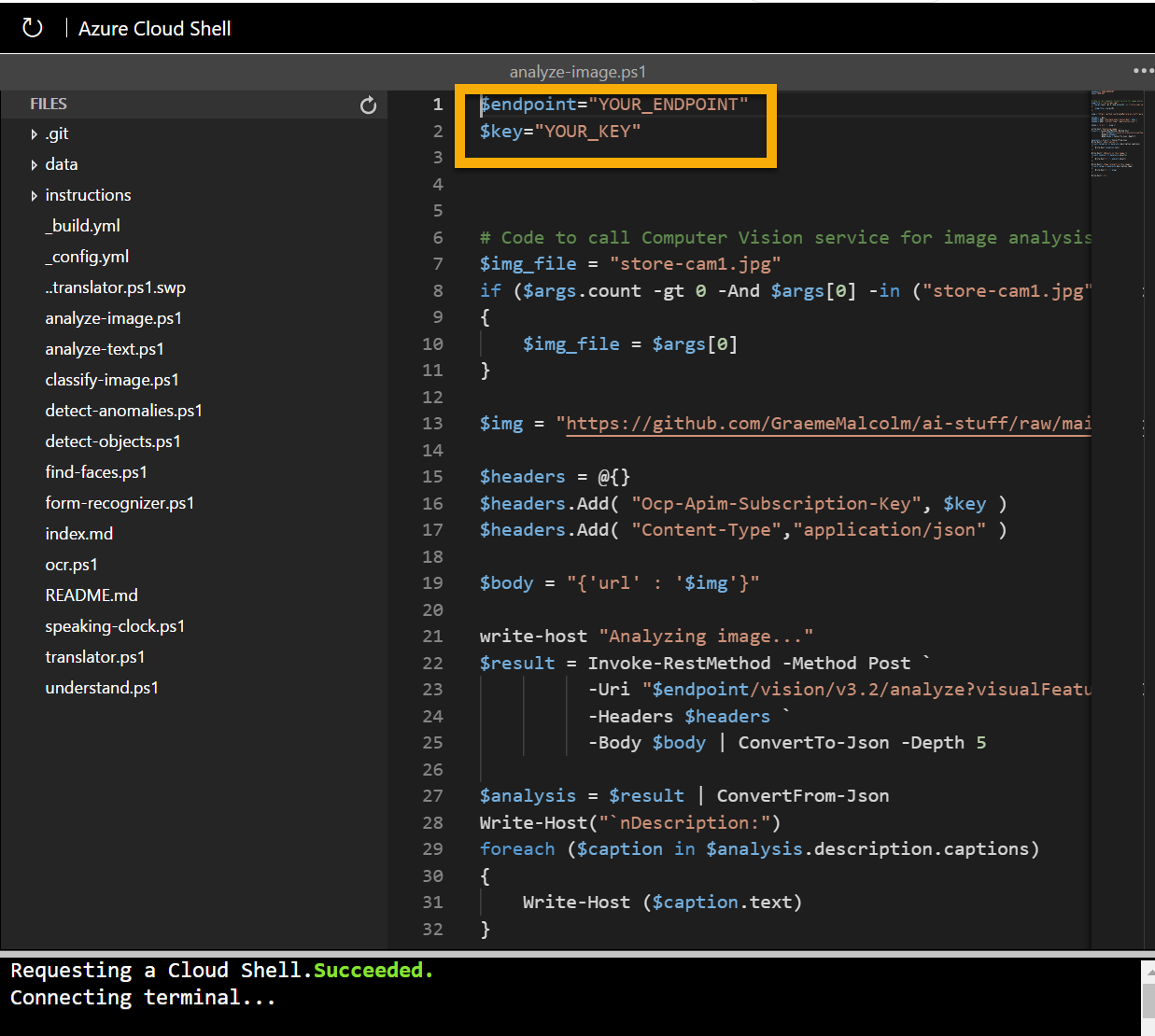 The editor containing code to analyze an image