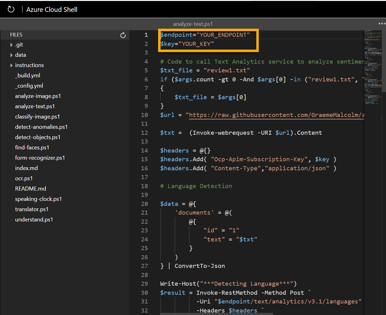 The editor containing code to use the Text Analytics service