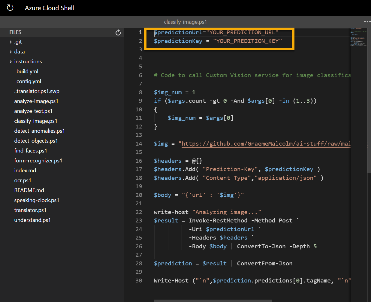 The editor containing code to classify an image