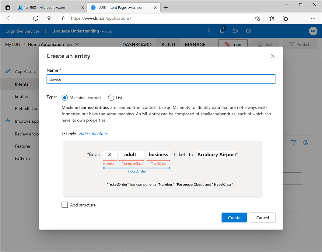 Create an Machine learned entity named device 