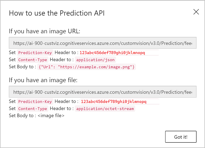 Prediction URL information for a custom vision model