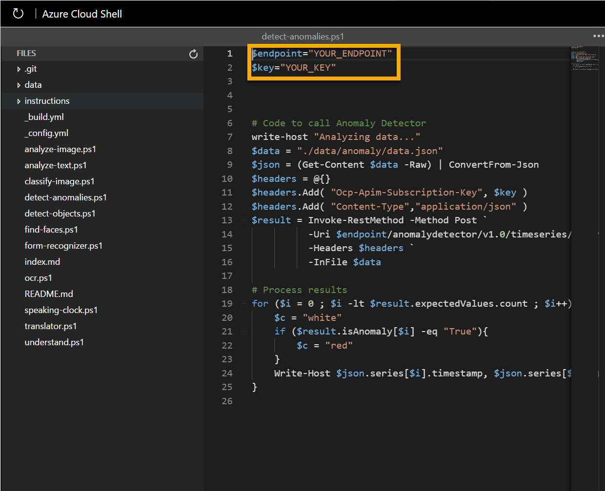 The editor containing code to detect anomalies