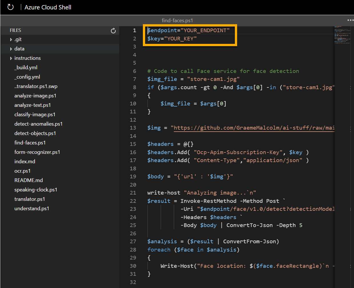 The editor containing code to detect faces in an image