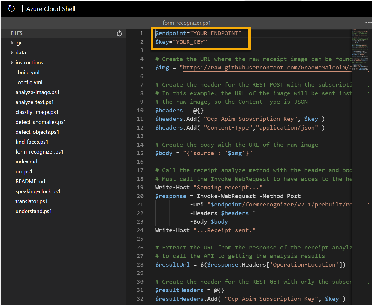 The editor containing code to analyze fields in a receipt.