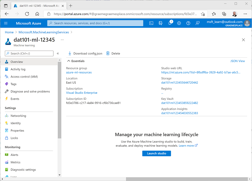 An Azure Machine Learning workspace in the Azure portal