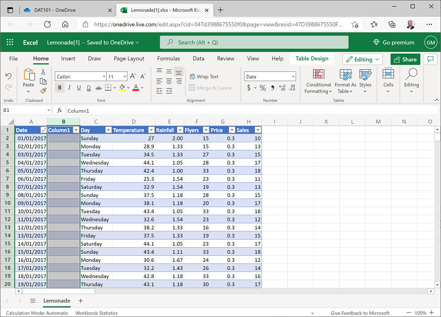 New Column1 added to the worksheet