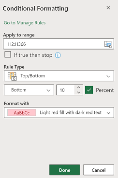 Conditional formatting pane