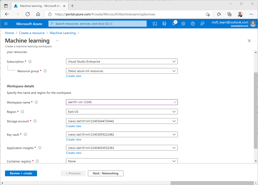 Creating an Azure Machine Learning workspace in the Azure portal
