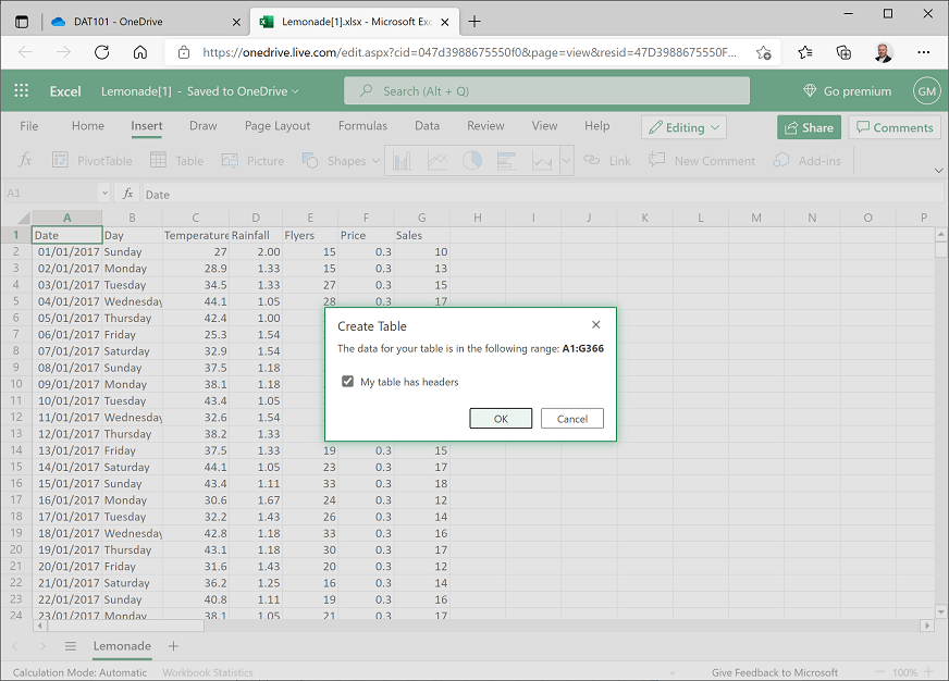 Creating a table in Excel
