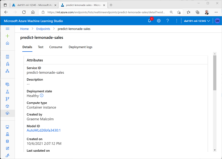 The deployed endpoint in Azure Machine Learning Studio
