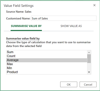 Setting field value settings to summarize value by average