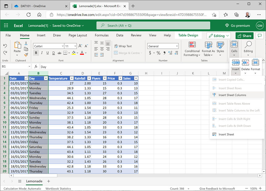 The Insert Sheet Columns menu option