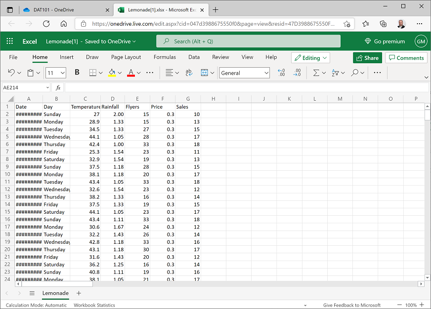 Lemonade workbook in Excel