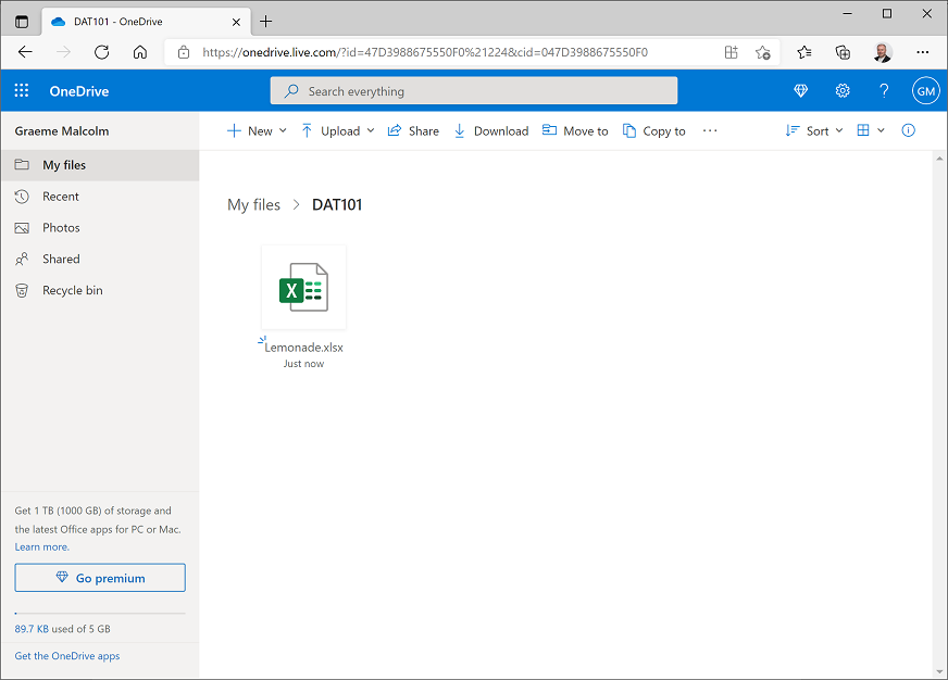 Lemonade.xlsx in OneDrive