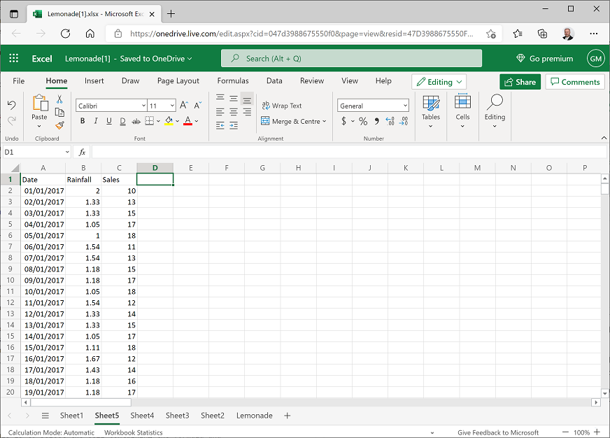 A new worksheet showing total rainfall and sales by date