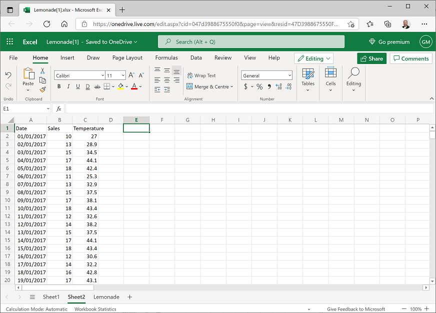 A new worksheet showing sales amd temperature totals by date
