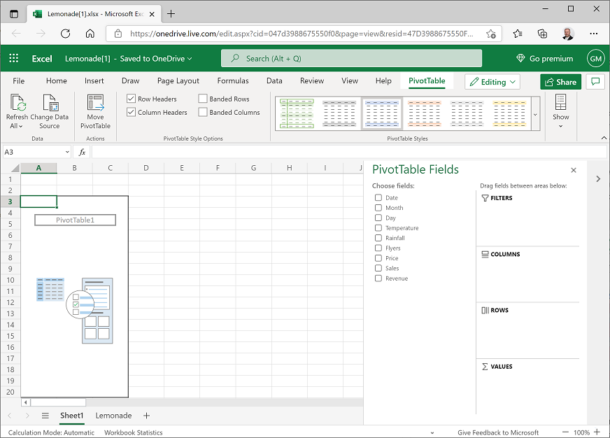 An empty PivotTable