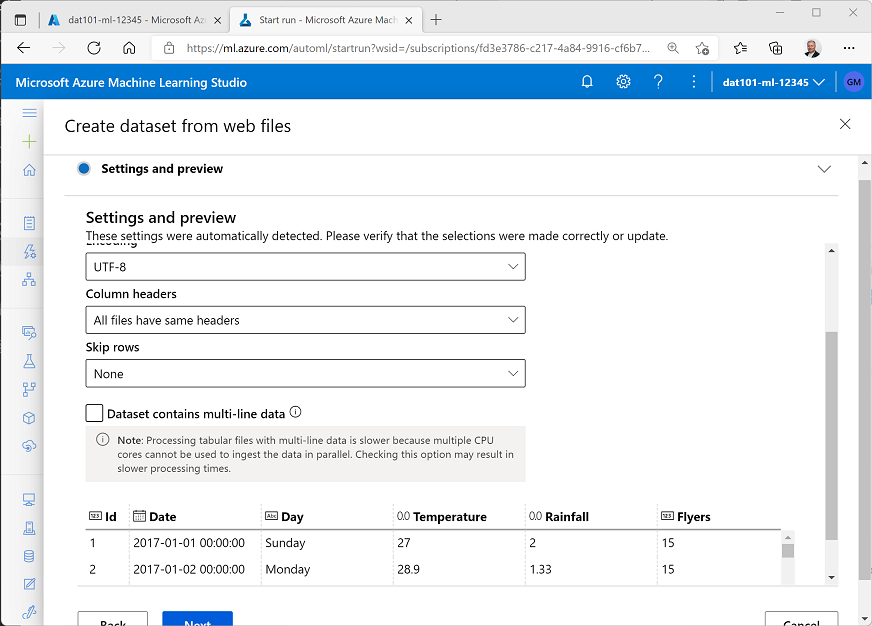Settings and preview of the lemonade dataset