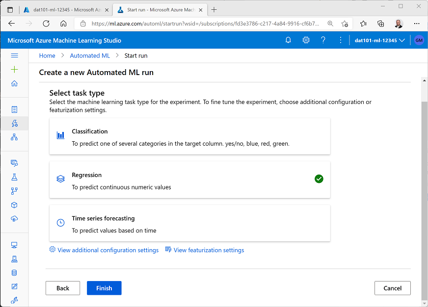 Regression is selected