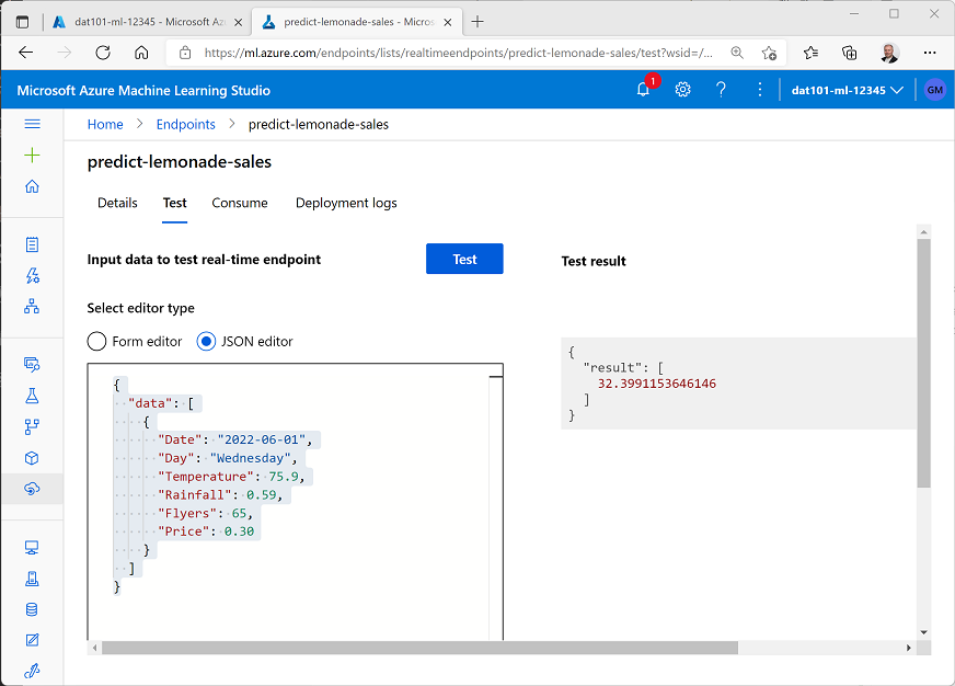 Testing the endpoint by submitting data for a day and reviewing the result