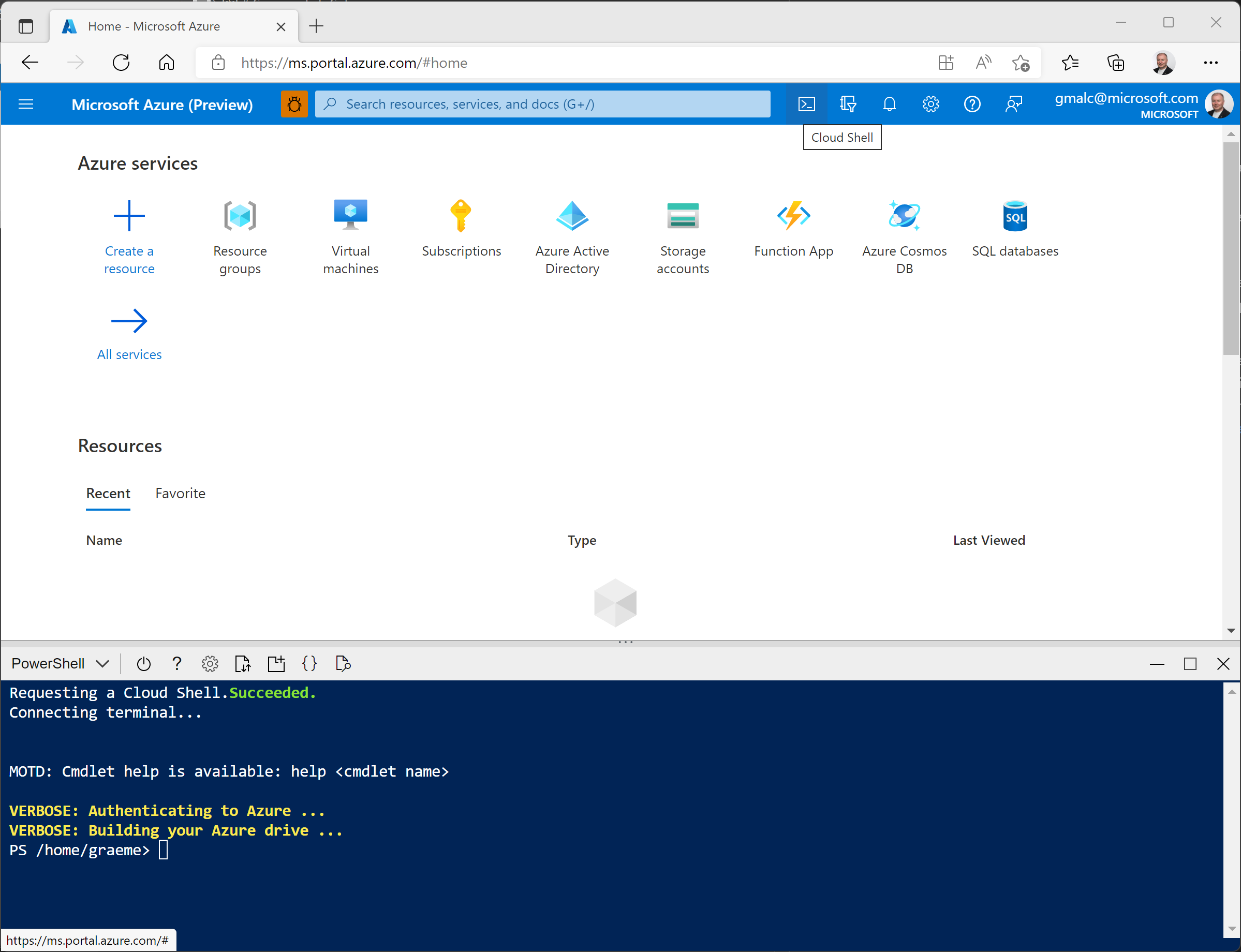 Azure portal with a cloud shell pane