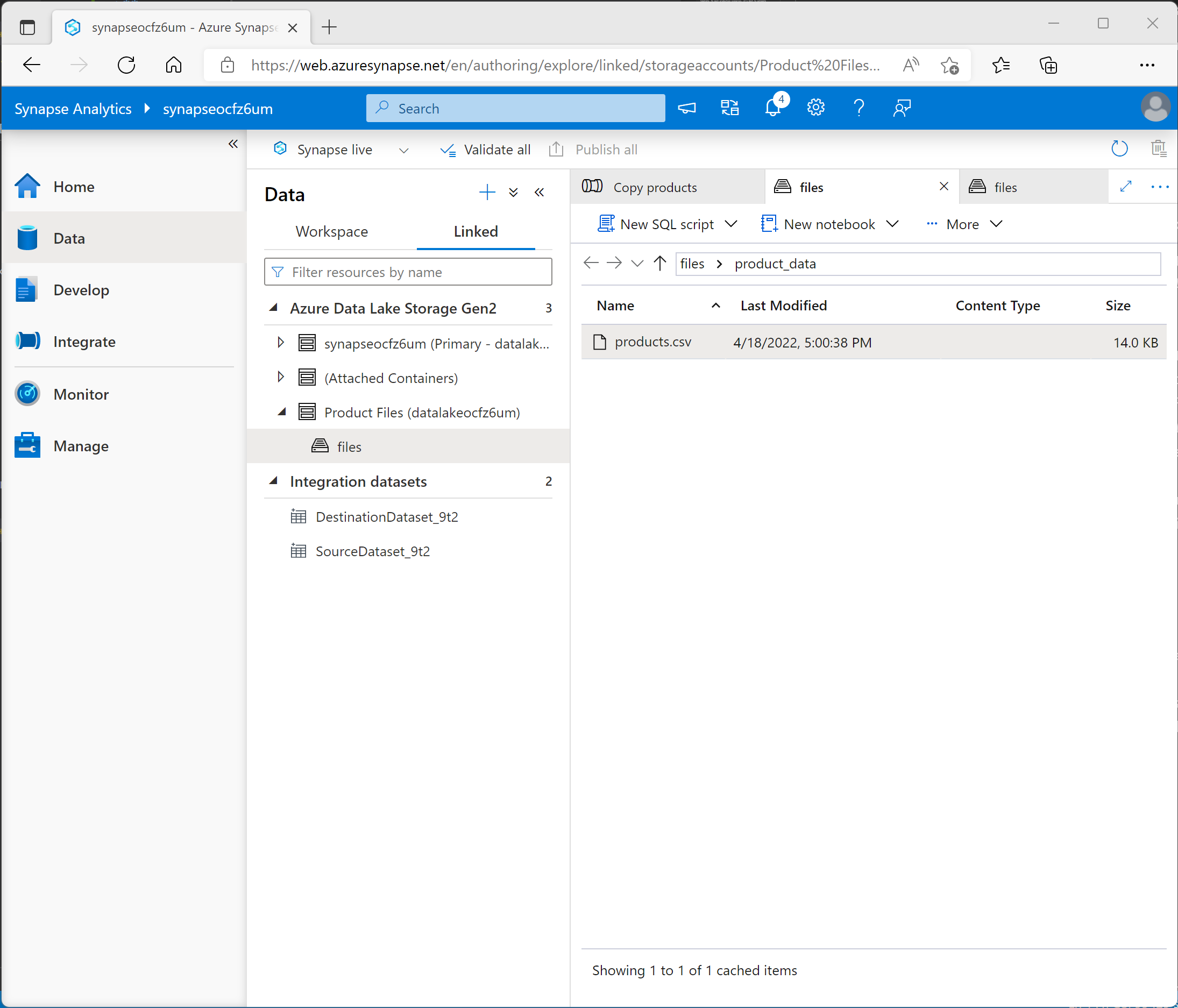 Image showing Synapse Studio expanded Azure Data Lake Storage hierarchy with the file storage for your Synapse workspace