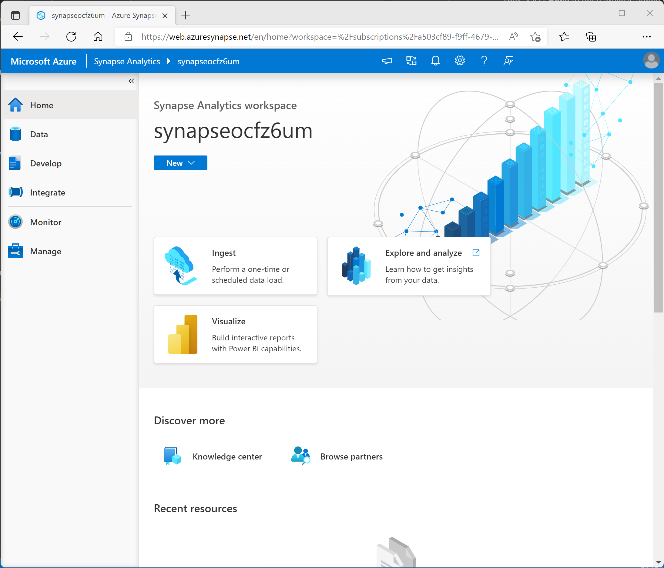 Image showing the expanded Synapse Studio menu to manage resources and perform data analytics tasks