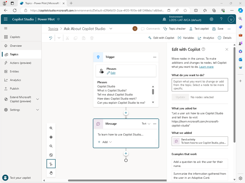 Screenshot of the copilot-generated Ask About Copilot Studio topic