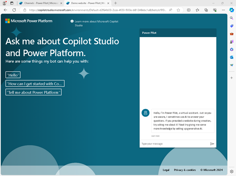 Screenshot of the demo website for a copilot