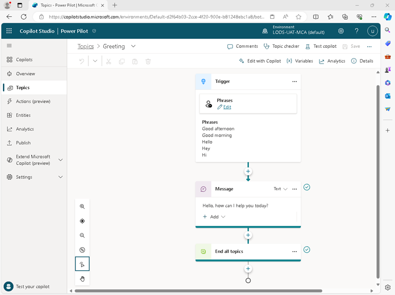 Screenshot of the authoring canvas for the Greeting topic in Copilot Studio