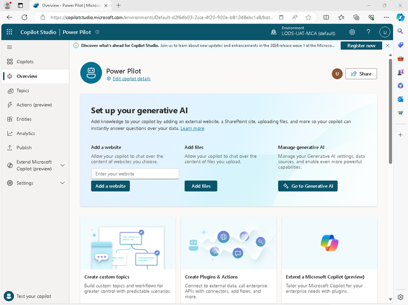 Screenshot of the Overview page in Copilot Studio