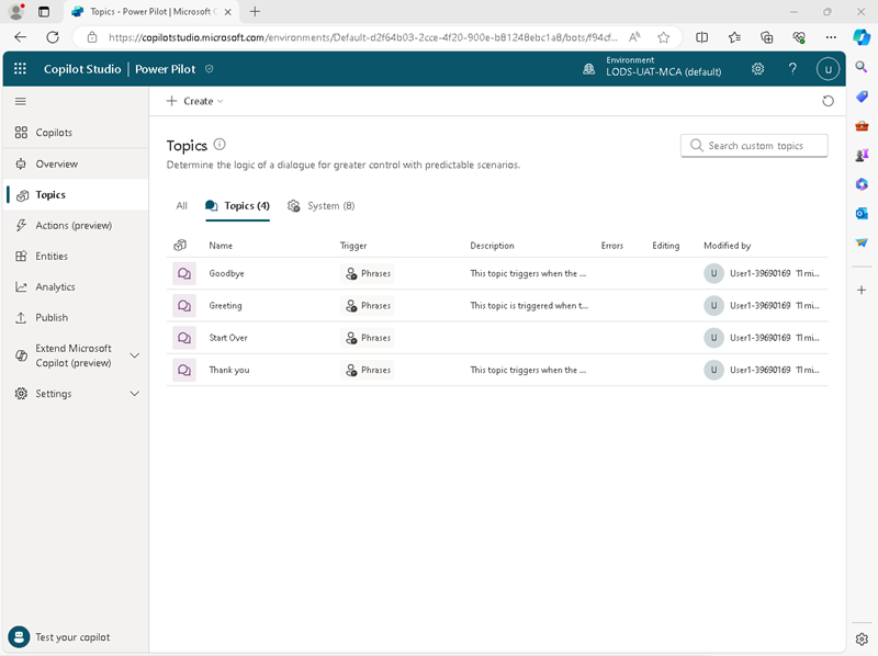 Screenshot of the Topics page in Copilot Studio